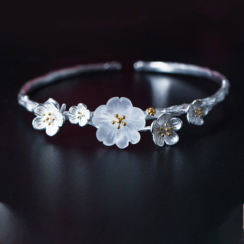 Buddha Stones925スターリングシルバー プラムフラワー 祝福ブレスレット 調節可能バングル - 梅の花とクリスタル - image 0