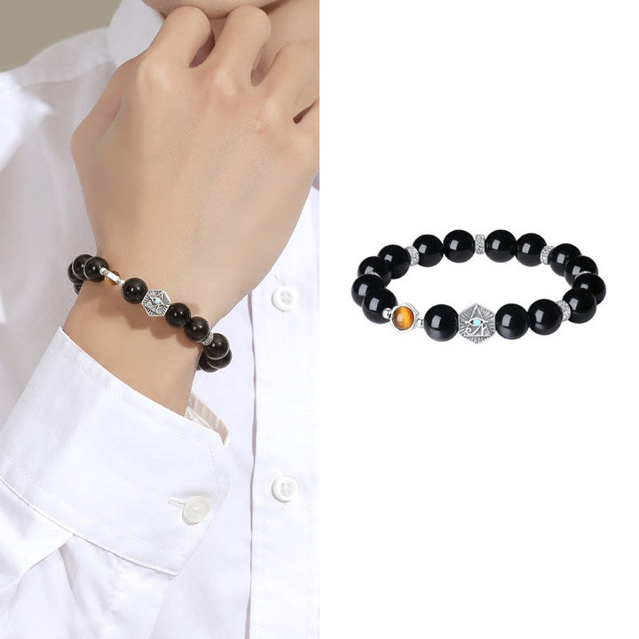 Buddha Stones925 スターリングシルバー ブラックオブシディアン タイガーアイ プロビデンスの目 浄化ブレスレット