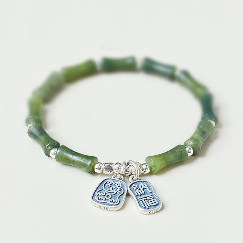 Buddha Stones925 スターリングシルバー 竹翡翠 幸運の猫福キャラクター 幸運の豊かさのブレスレット - 16cm - image 1