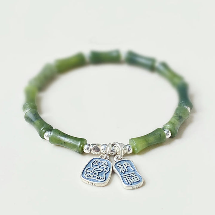 Buddha Stones925 スターリングシルバー 竹翡翠 幸運の猫福キャラクター 幸運の豊かさのブレスレット - 16cm - image 1