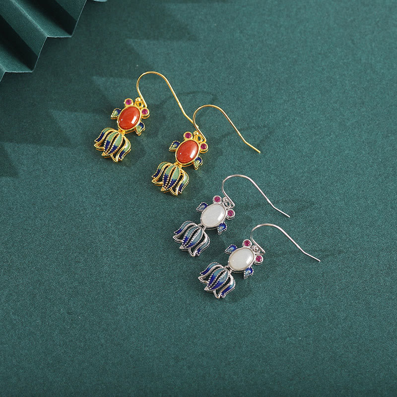 925スターリングシルバー 和田産ホワイトジェイド レッドアゲート キュートフィッシュ ハピネスドロップイヤリング