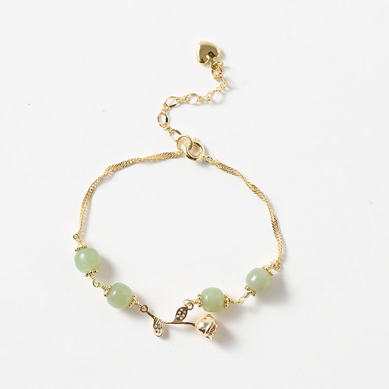 Buddha Stones14K ゴールドメッキ 和田翡翠 ゴールデンローズフラワー 幸運のチェーンブレスレット
