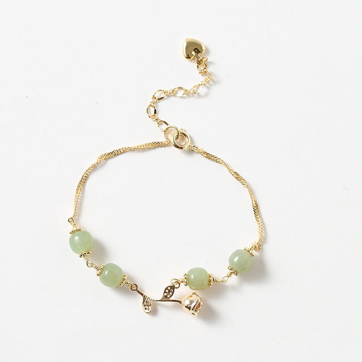 Buddha Stones14K ゴールドメッキ 和田翡翠 ゴールデンローズフラワー 幸運のチェーンブレスレット
