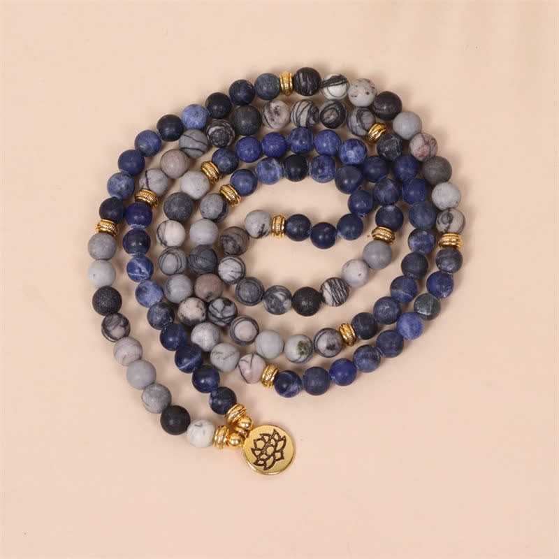 Buddha Stones 108Malaビーズ ソーダライト ゼブラジャスパー クリスタル ロータス 強さ ブレスレット