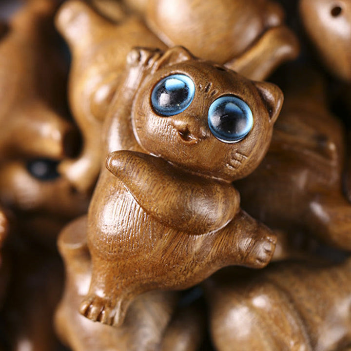 Buddha Stonesミニグリーンサンダルウッドダンシングキャット彫刻ポジティブデスクデコレーション - image 5