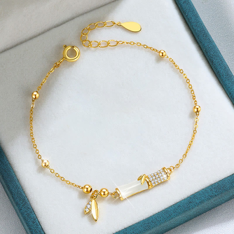 Buddha Stones 925スターリングシルバー 18Kゴールドメッキ ホワイトジェイド 竹 ジルコン リーフ幸運ブレスレット - image 1