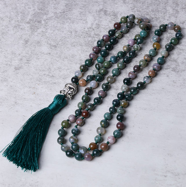 Buddha Stones 108Malaビーズ インド瑪瑙 仏頭浄化ブレスレット
