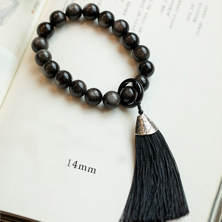 Buddha Stones天然銀光沢黒曜石 黒曜石 ライオン手首Mala保護タッセル ポケットMala車の装飾