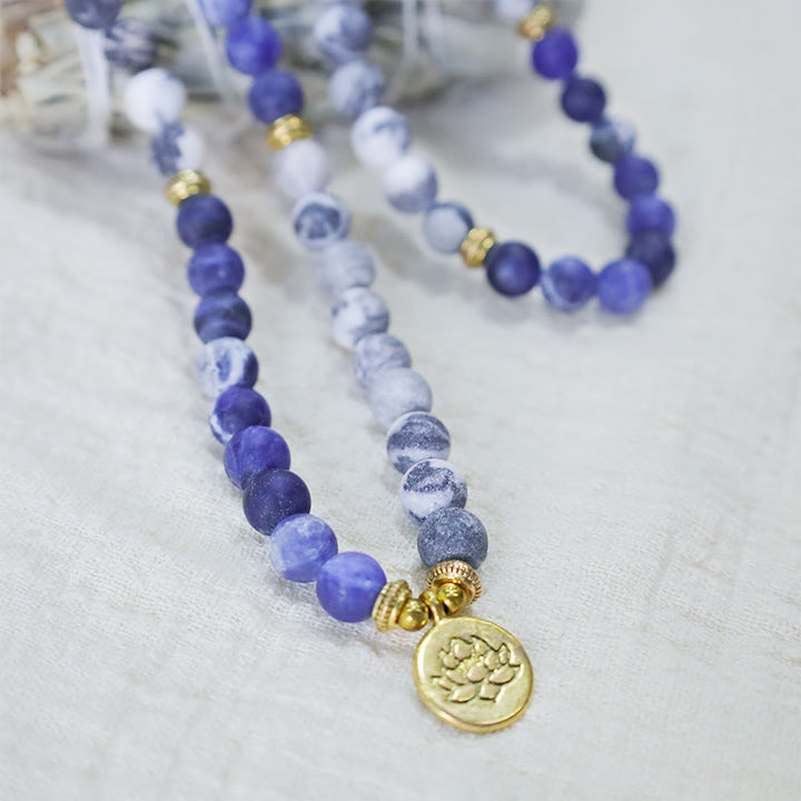 Buddha Stones 108 天然ピカソジャスパー＆ブルーストーンMalaロータスペンダントブレスレット