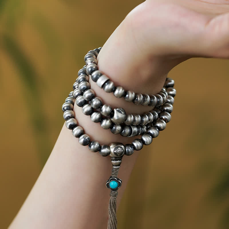 Buddha Stones 108Malaビーズ 925 スターリングシルバー レッドアゲート ターコイズ 自信のチャームブレスレット