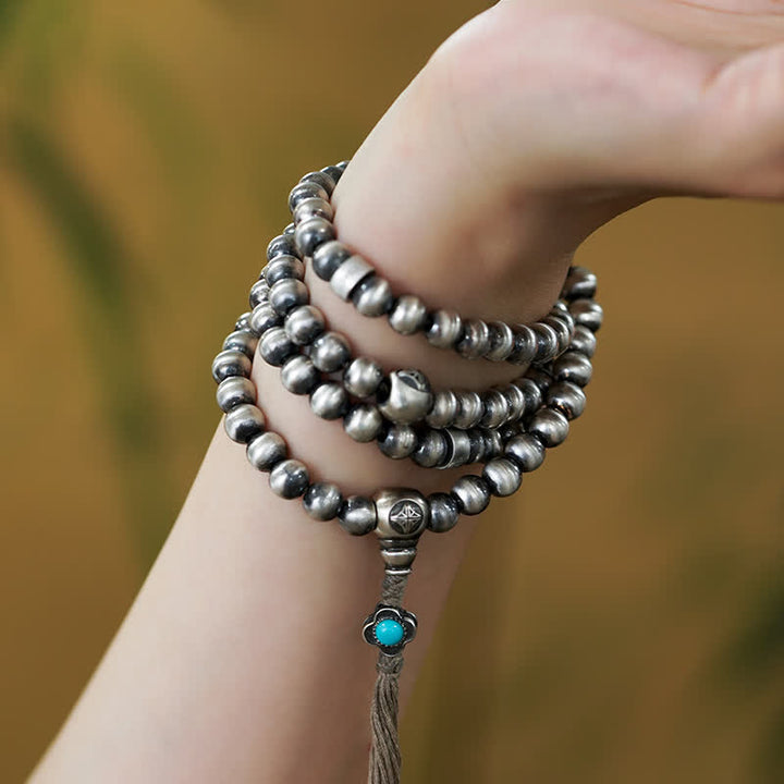 Buddha Stones 108Malaビーズ 925 スターリングシルバー レッドアゲート ターコイズ 自信のチャームブレスレット