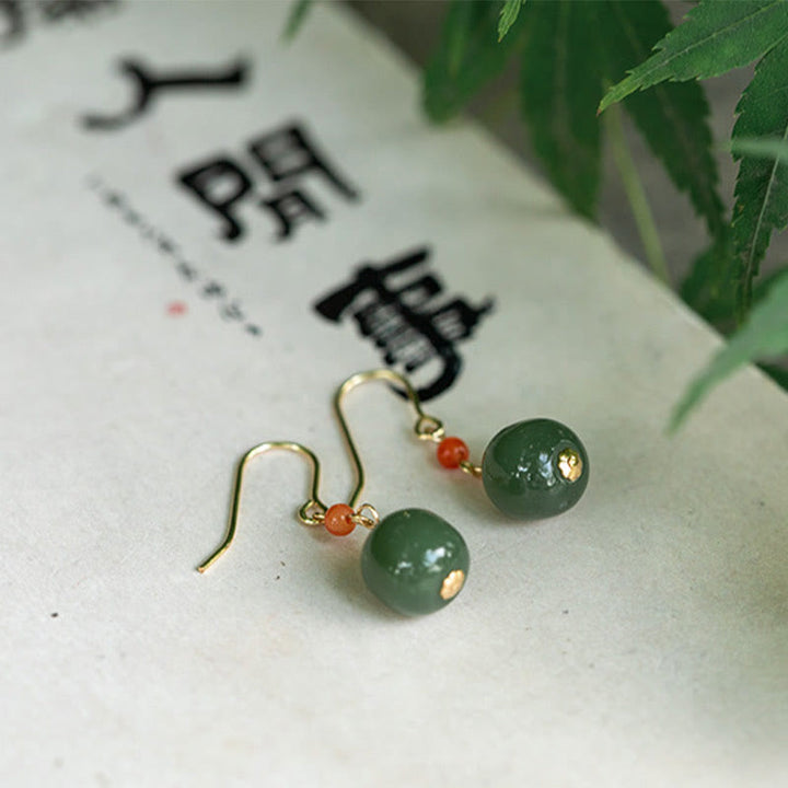 Buddha Stones 925スターリングシルバーメッキ 14Kゴールド 和田翡翠 赤瑪瑙 幸運の雫 ダングルイヤリング - 14Kゴールドメッキ - グリーンジェイド - image 14