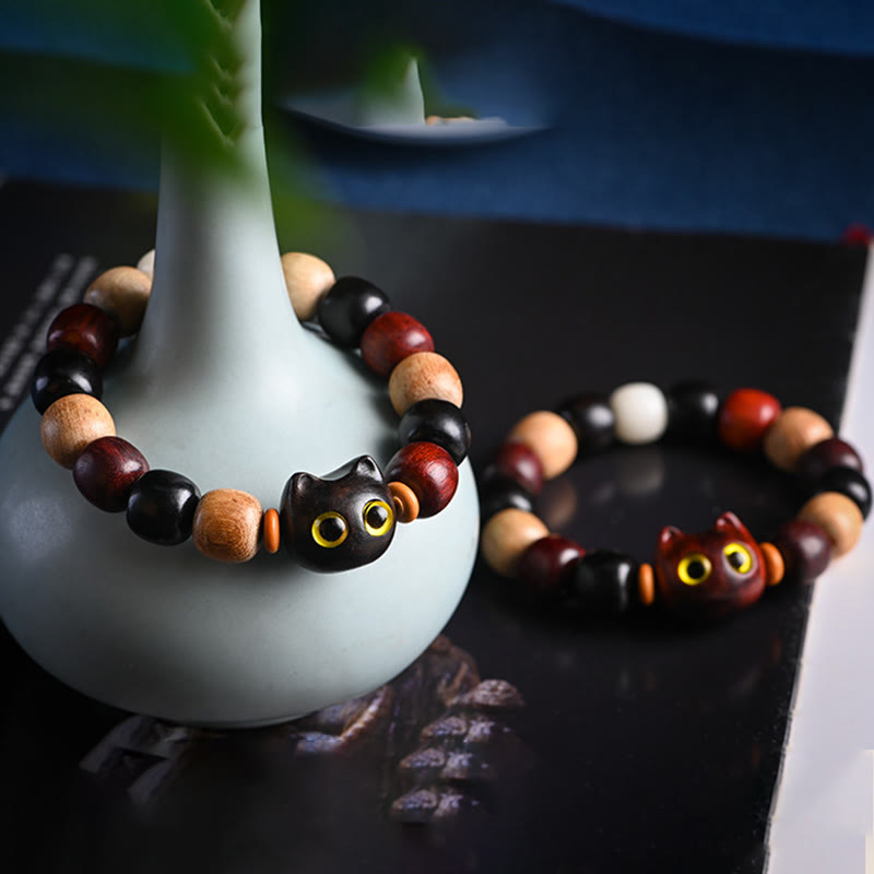 Buddha Stones小葉 紫檀 黒檀 かわいい猫 彫刻 守護ブレスレット