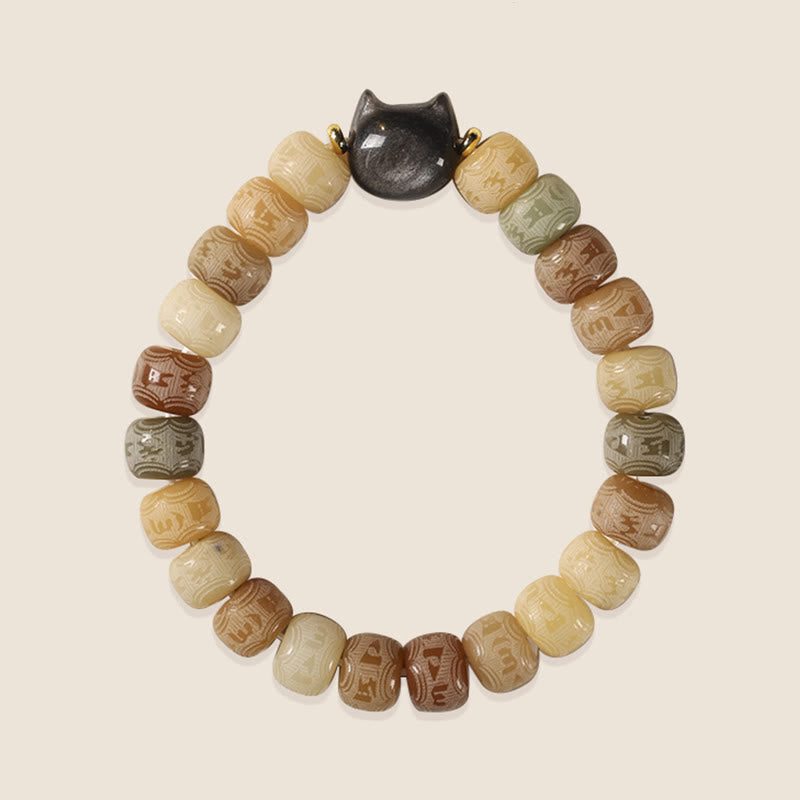 Buddha Stonesの銀光沢黒曜石猫の頭、オーム・マニ・パドメ・フムの彫刻入りハーモニーブレスレット - image 6