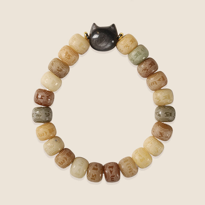 Buddha Stonesの銀光沢黒曜石猫の頭、オーム・マニ・パドメ・フムの彫刻入りハーモニーブレスレット - image 6