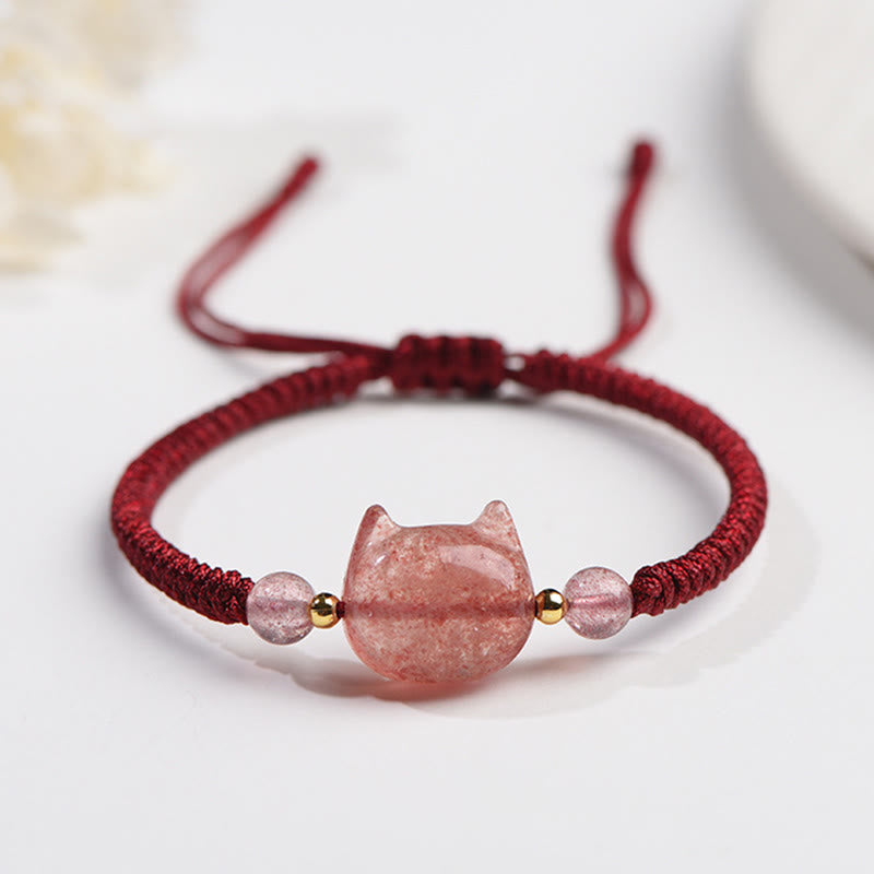 Buddha Stonesハンドメイド 天然銀光沢黒曜石 ストロベリークォーツ かわいい猫のお守り編み込みブレスレット - ストロベリークォーツ（愛♥癒し） - 愛らしい猫 - image 13