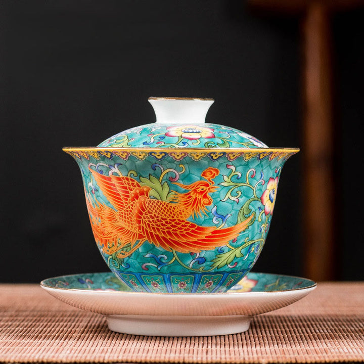 Buddha Stones龍鳳凰花デザイン陶器蓋碗三彩ティーカップカンフーティーカップ＆ソーサー蓋付き - image 2