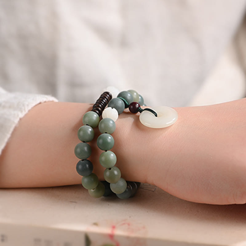 Buddha Stonesシアン菩提樹の種子 蓮の翡翠 平和バックル ウィズダム ダブルラップブレスレット