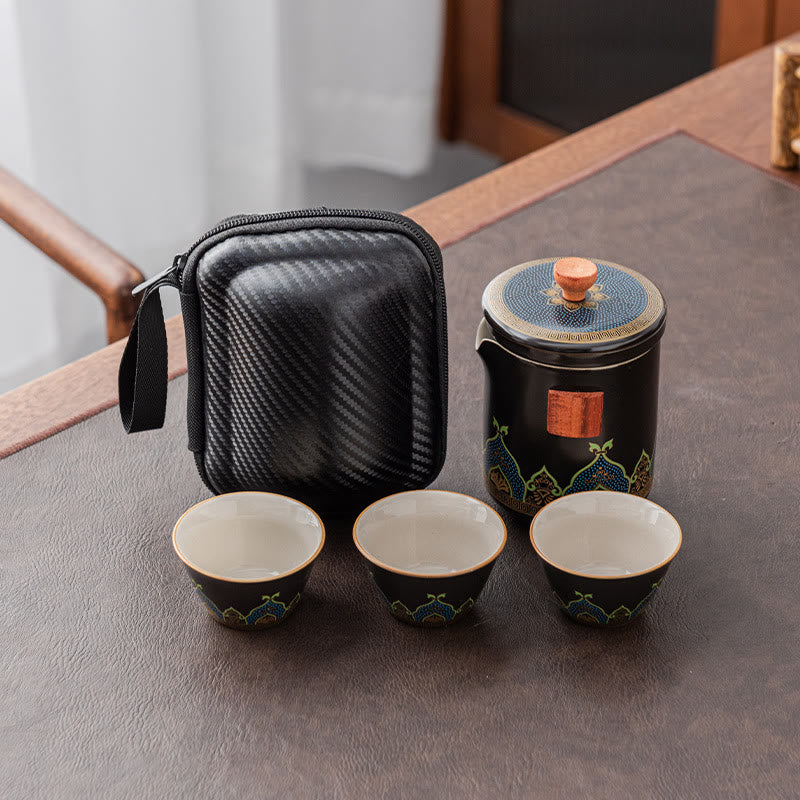 Buddha Stonesの花 中国 功夫陶器 ティーポット ポータブル アウトドア 旅行用 ティーセット バッグ