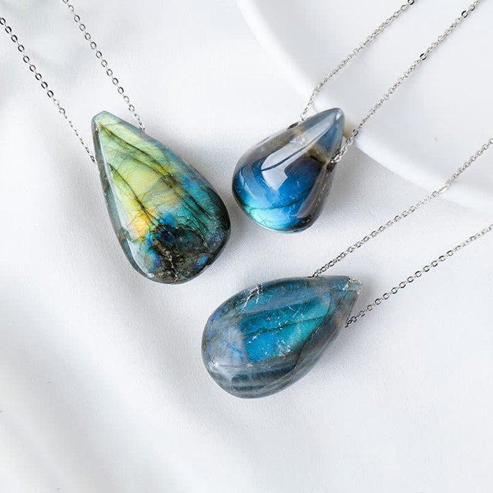 Buddha Stones ラブラドライト ウォータードロップ型 ヒーリングネックレス ペンダントトップ