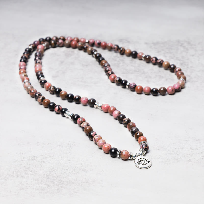 Buddha Stones108Mala入り 数珠 ロードナイト 蓮 慈悲のエネルギーブレスレット