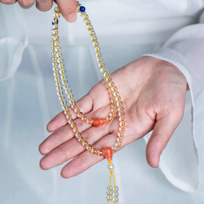 Buddha Stones 108Malaビーズ 925 スターリングシルバー 天然シトリン 赤瑪瑙 白翡翠 繁栄のチャームブレスレット