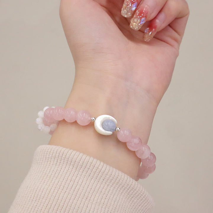 Buddha Stones 925スターリングシルバー 天然アメジスト アクアマリン ピンククリスタル キャッツアイ ヒーリング クレセントムーンブレスレット