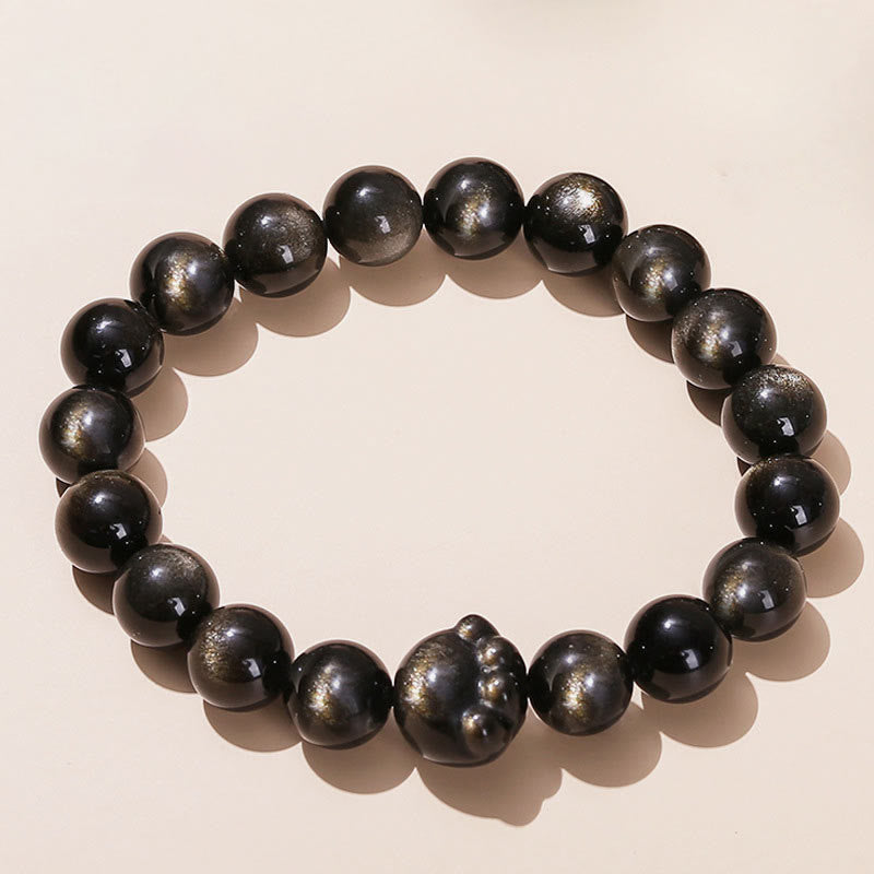 Buddha Stones天然ゴールドシーンオブシディアン シルバーシーンオブシディアン かわいい猫の足跡開運財運ブレスレット - ゴールドシーンオブシディアン - 10mm - image 1