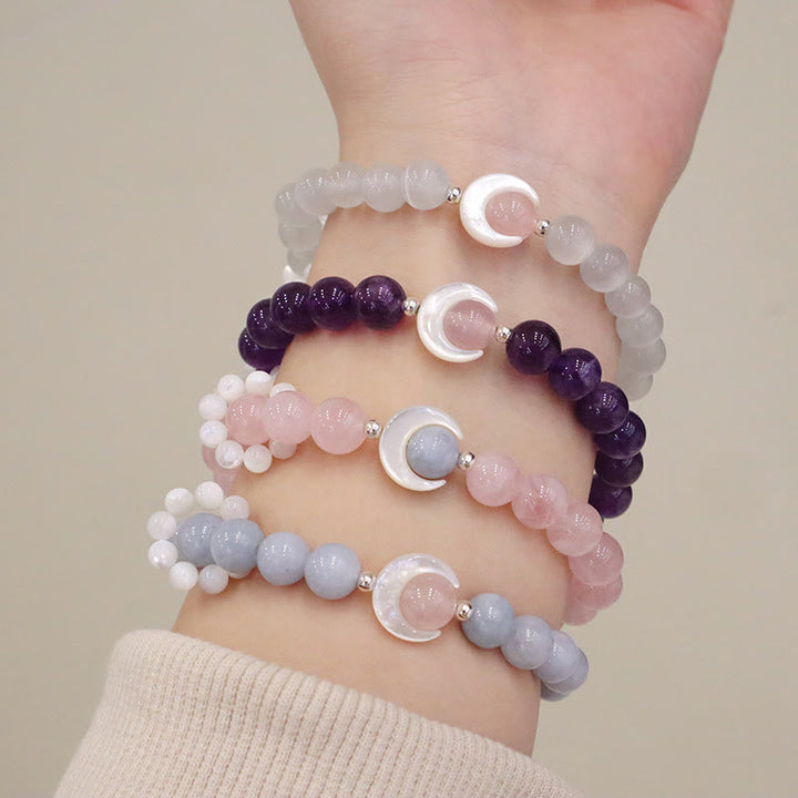 Buddha Stones 925スターリングシルバー 天然アメジスト アクアマリン ピンククリスタル キャッツアイ ヒーリング クレセントムーンブレスレット