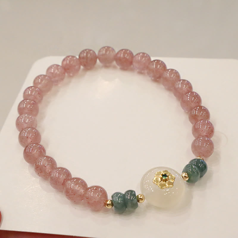 Buddha Stones天然ストロベリークォーツ カルセドニー 翡翠 ヒーリングブレスレット
