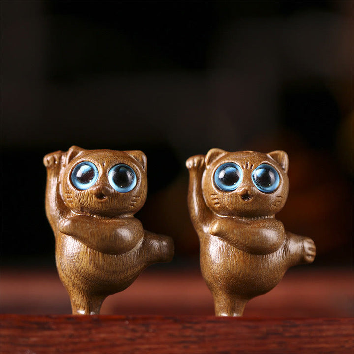 Buddha Stonesミニグリーンサンダルウッドダンシングキャット彫刻ポジティブデスクデコレーション - image 3