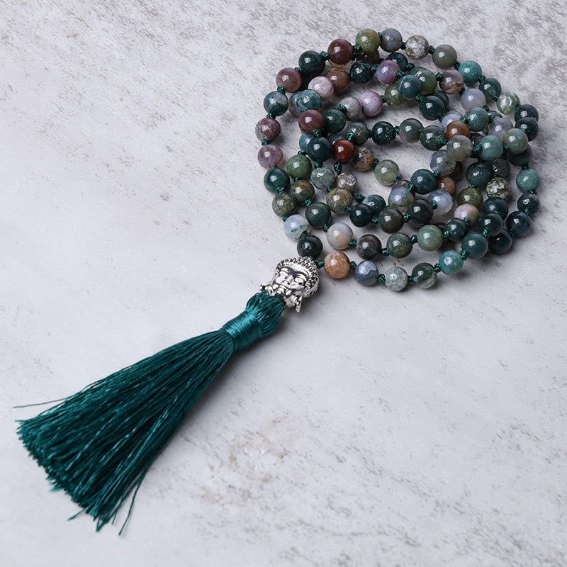 Buddha Stones 108Malaビーズ インド瑪瑙 仏頭浄化ブレスレット