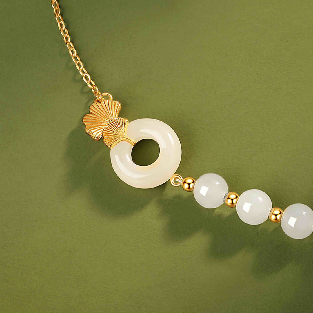 Buddha Stones 925スターリングシルバー 和田白翡翠平和のお守りチャームイチョウの葉幸運ブレスレット - image 4