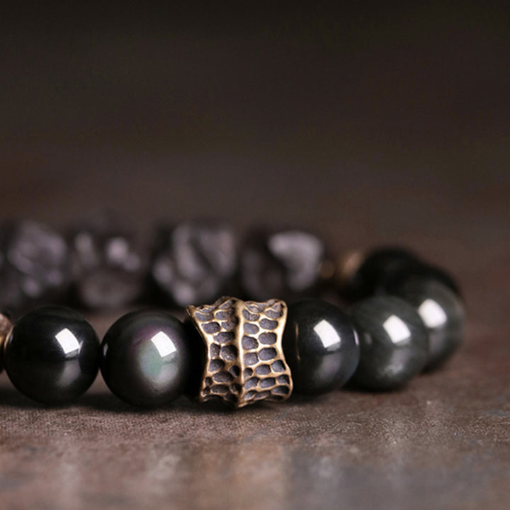 Buddha Stones黒曜石 黒檀 木 銅 強さ カップル ブレスレット