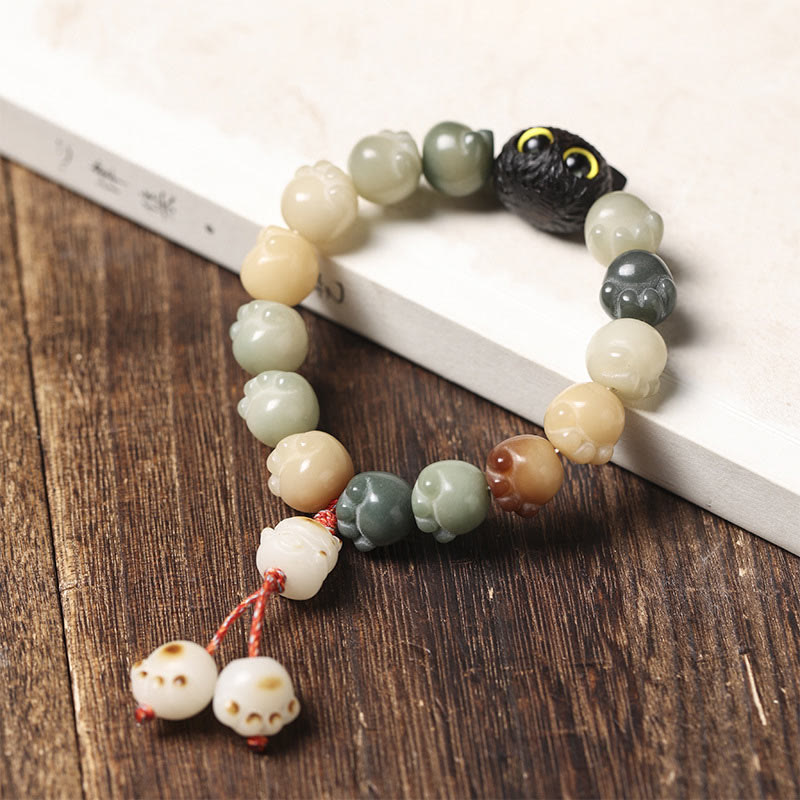 Buddha Stones天然菩提樹 愛らしい足跡黒檀招き猫 知恵のブレスレット - image 10