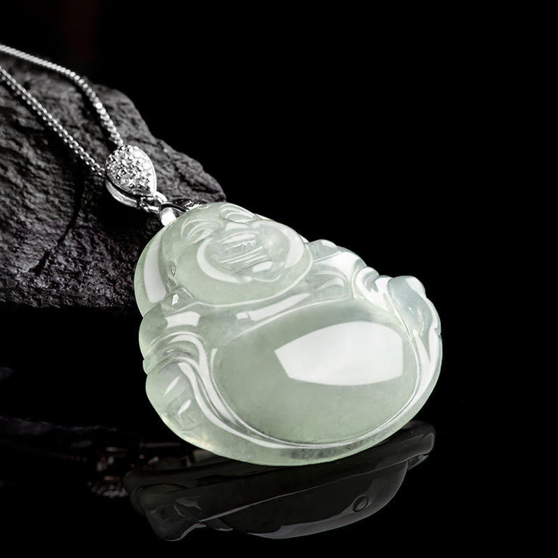 Buddha Stones天然翡翠 笑い仏豊かさ豊穣 チタン鋼 チェーンネックレス ペンダント - image 2