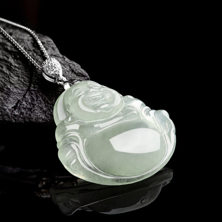 Buddha Stones天然翡翠 笑い仏豊かさ豊穣 チタン鋼 チェーンネックレス ペンダント - image 2