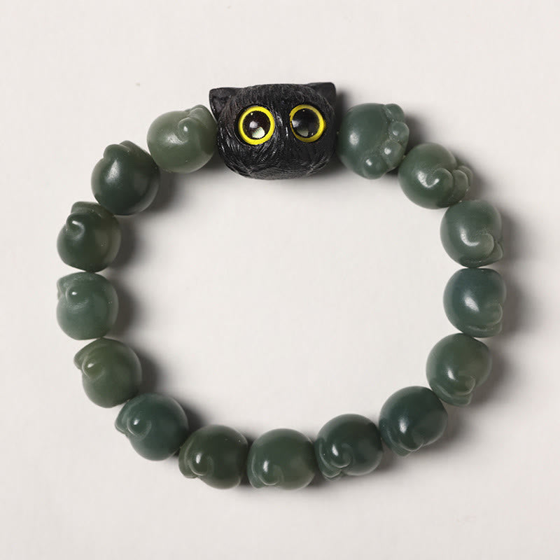 Buddha Stones天然菩提樹 愛らしい足跡黒檀招き猫 知恵のブレスレット - グリーンボディシード - シンプルバージョン（手首周り14～15cm） - image 14