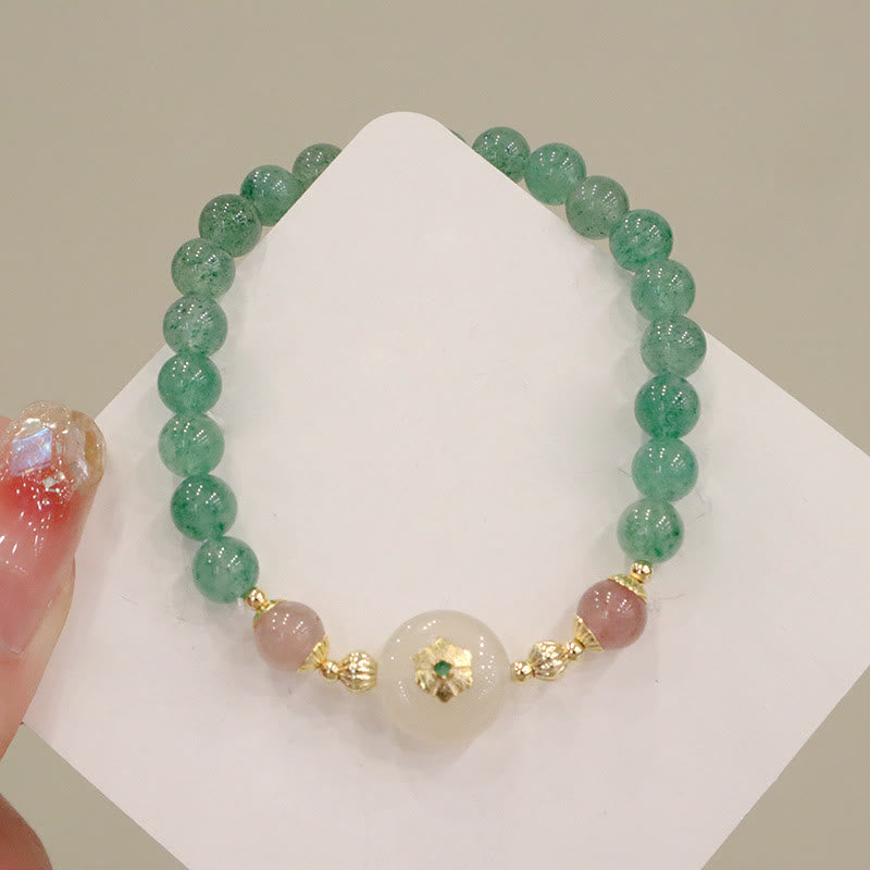 Buddha Stones天然グリーンストロベリークォーツ カルセドニーフラワー 感謝ブレスレット