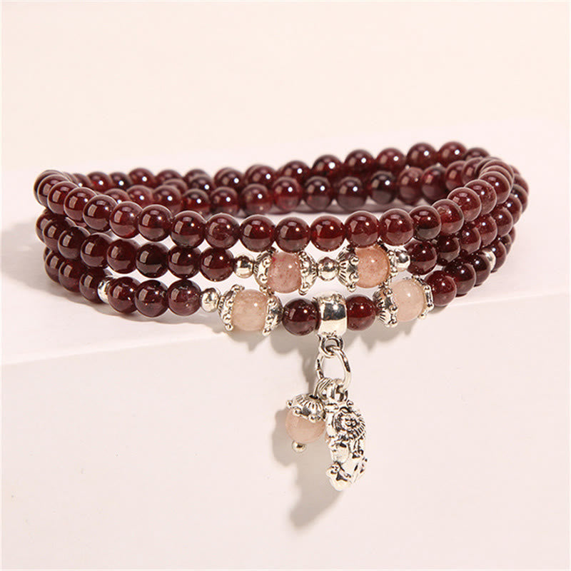 Buddha Stones天然ガーネット ストロベリークォーツ グリーンビーンズ 貔貅守護 トリプルラップブレスレット