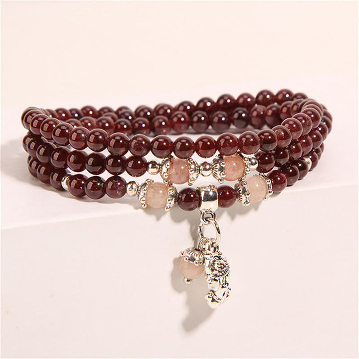 Buddha Stones天然ガーネット ストロベリークォーツ グリーンビーンズ 貔貅守護 トリプルラップブレスレット