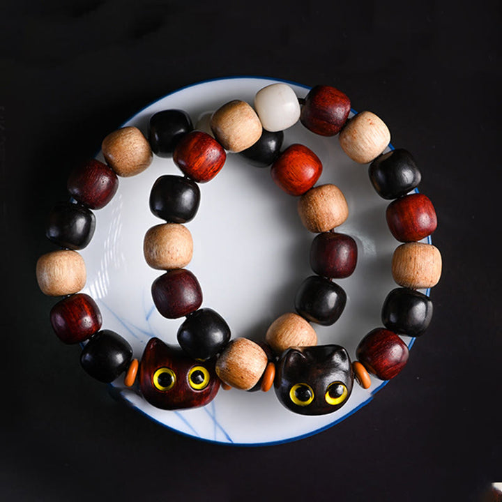 Buddha Stones小葉 紫檀 黒檀 かわいい猫 彫刻 守護ブレスレット