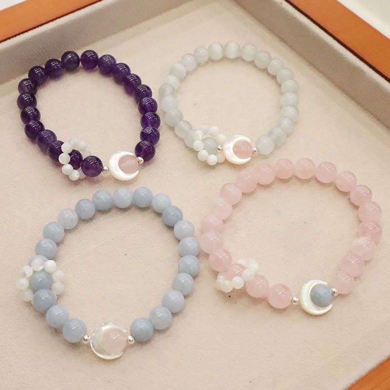 Buddha Stones 925スターリングシルバー 天然アメジスト アクアマリン ピンククリスタル キャッツアイ ヒーリング クレセントムーンブレスレット