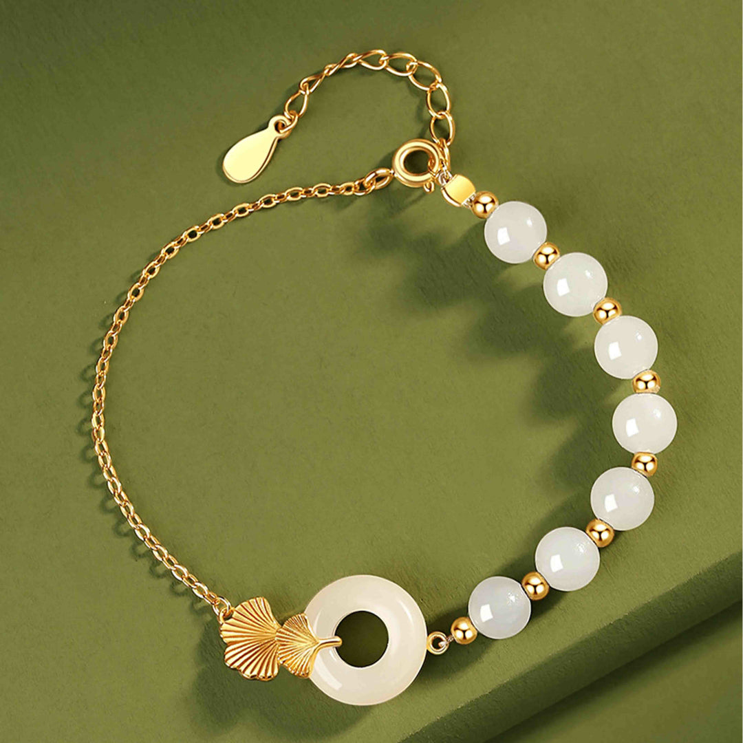 Buddha Stones 925スターリングシルバー 和田白翡翠平和のお守りチャームイチョウの葉幸運ブレスレット - image 1