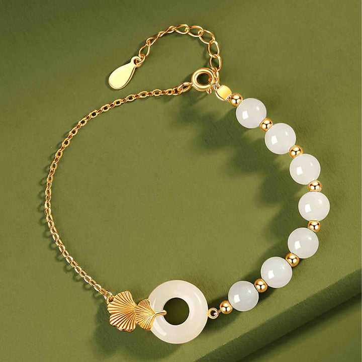 Buddha Stones 925スターリングシルバー 和田白翡翠平和のお守りチャームイチョウの葉幸運ブレスレット - image 1