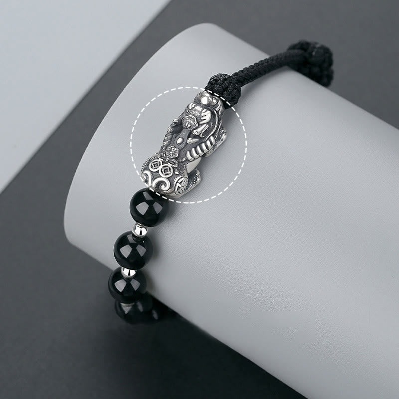 Buddha Stones999スターリングシルバー 風水 貔貅 天然黒曜石 925スターリングシルバー ビーズ 強度ブレスレット