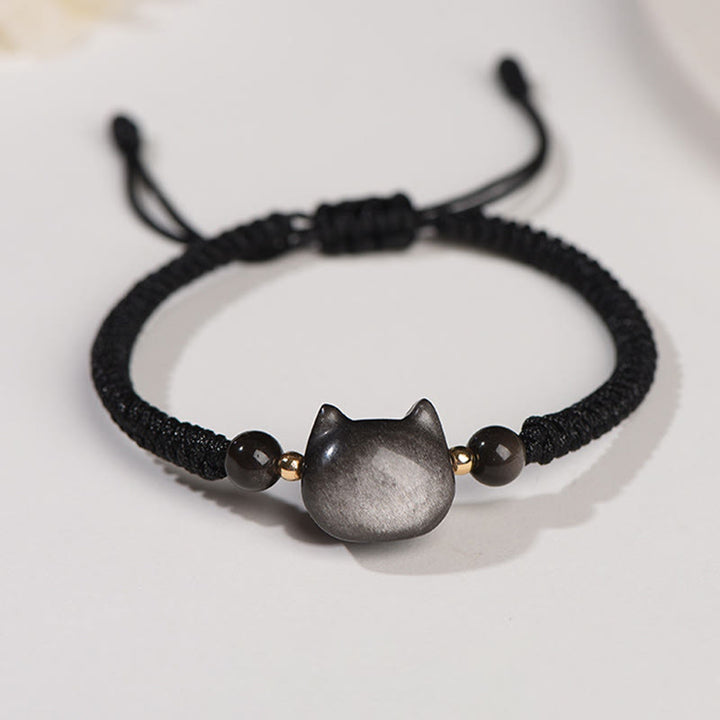 Buddha Stonesハンドメイド 天然銀光沢黒曜石 ストロベリークォーツ かわいい猫のお守り編み込みブレスレット - 銀影黒曜石（コミュニケーション♥癒し） - 愛らしい猫 - image 6