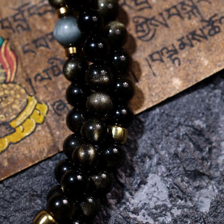 Buddha Stones 108Malaビーズ ゴールドシーン オブシディアン タイガーアイ イーグルアイストーン ウェルスブレスレット