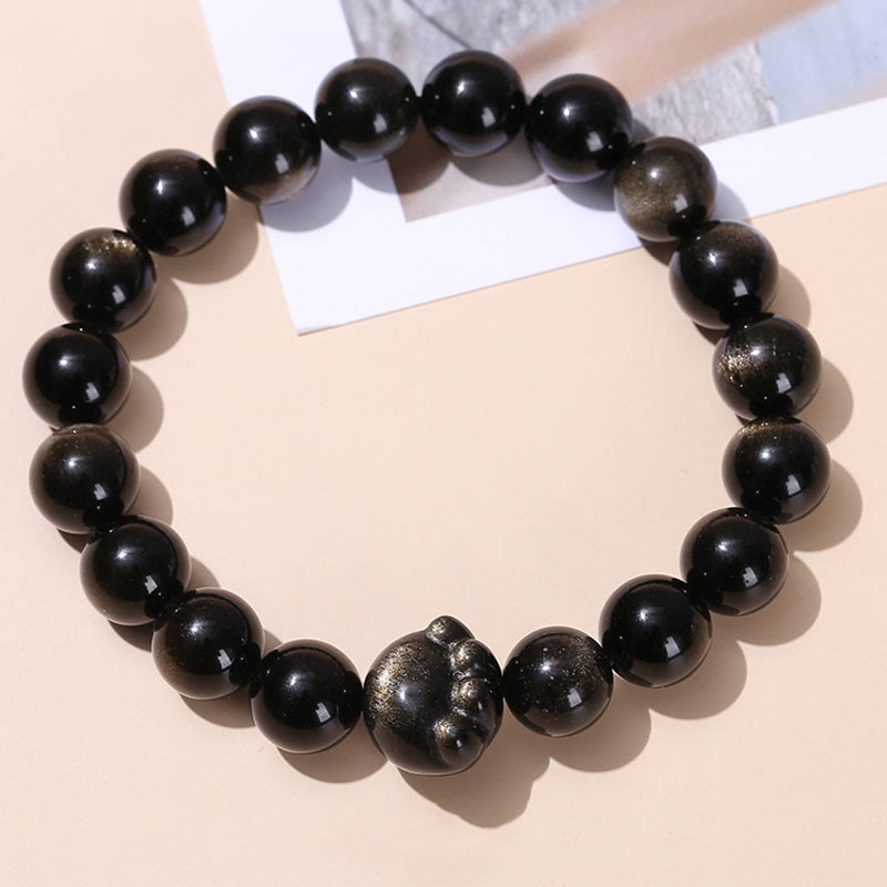 Buddha Stones天然ゴールドシーンオブシディアン シルバーシーンオブシディアン かわいい猫の足跡開運財運ブレスレット - image 3