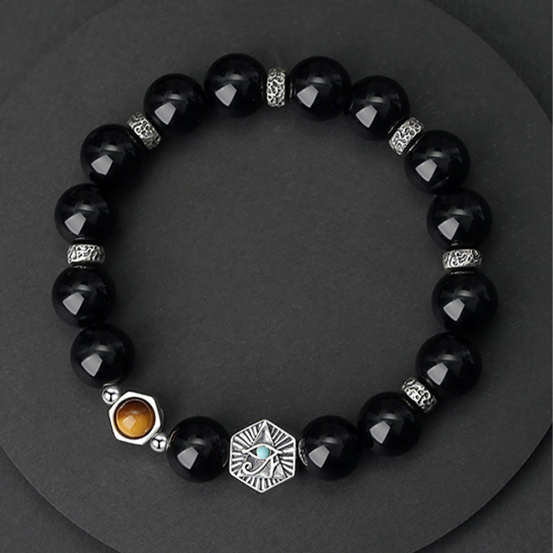 Buddha Stones925 スターリングシルバー ブラックオブシディアン タイガーアイ プロビデンスの目 浄化ブレスレット